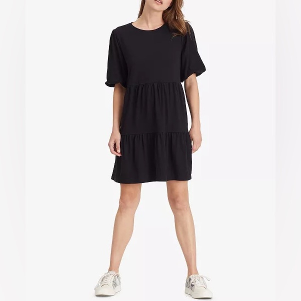 Sanctuary Cotton Mini Dress All-Day Bubble Sleeve Black Babydoll Crewneck